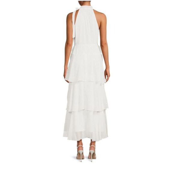 Julia Jordan Tiered A Line Maxi Dress 8 NWOT White Chiffon Dot Bridal Grad Glam - Picture 3 of 10